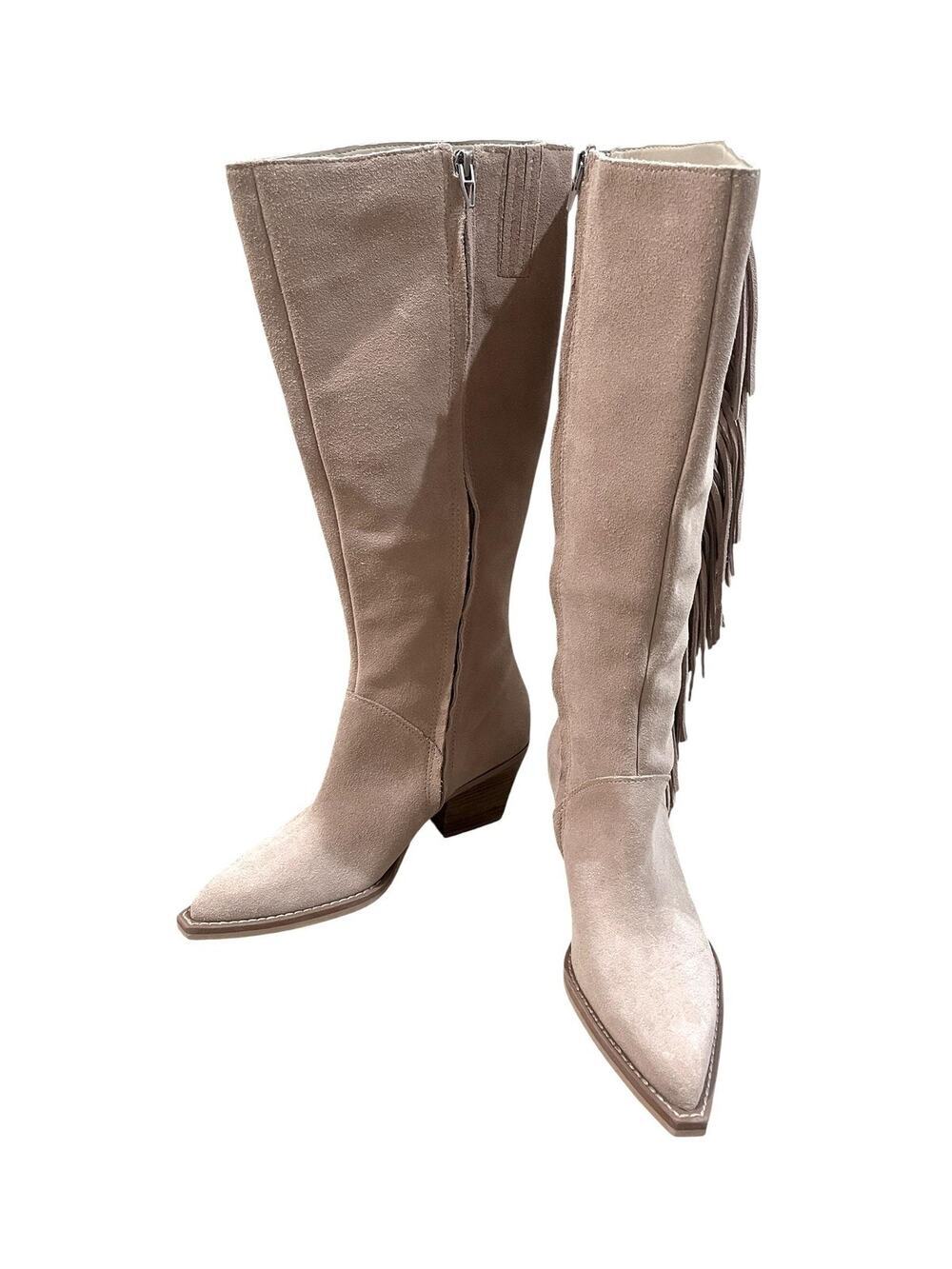 Dolce Vita Boots Womens Size 7.5 Beige Suede Fringe Knee High Pointed Toe
